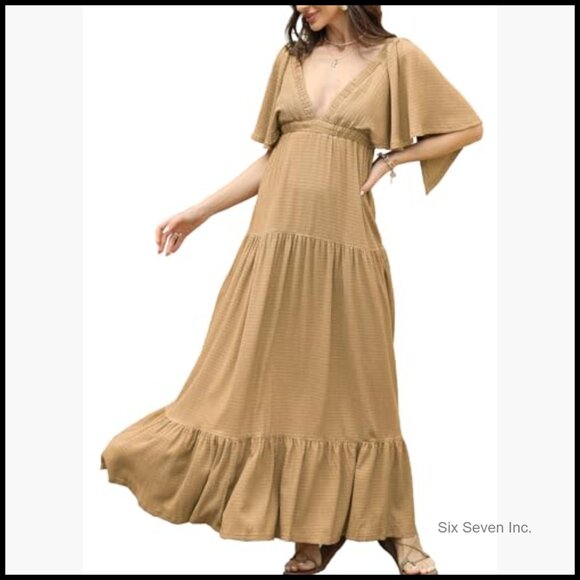 Polyester Maxi Dress with V-Neck Backless Design and Flutter Sleeves - Picture 2 of 7